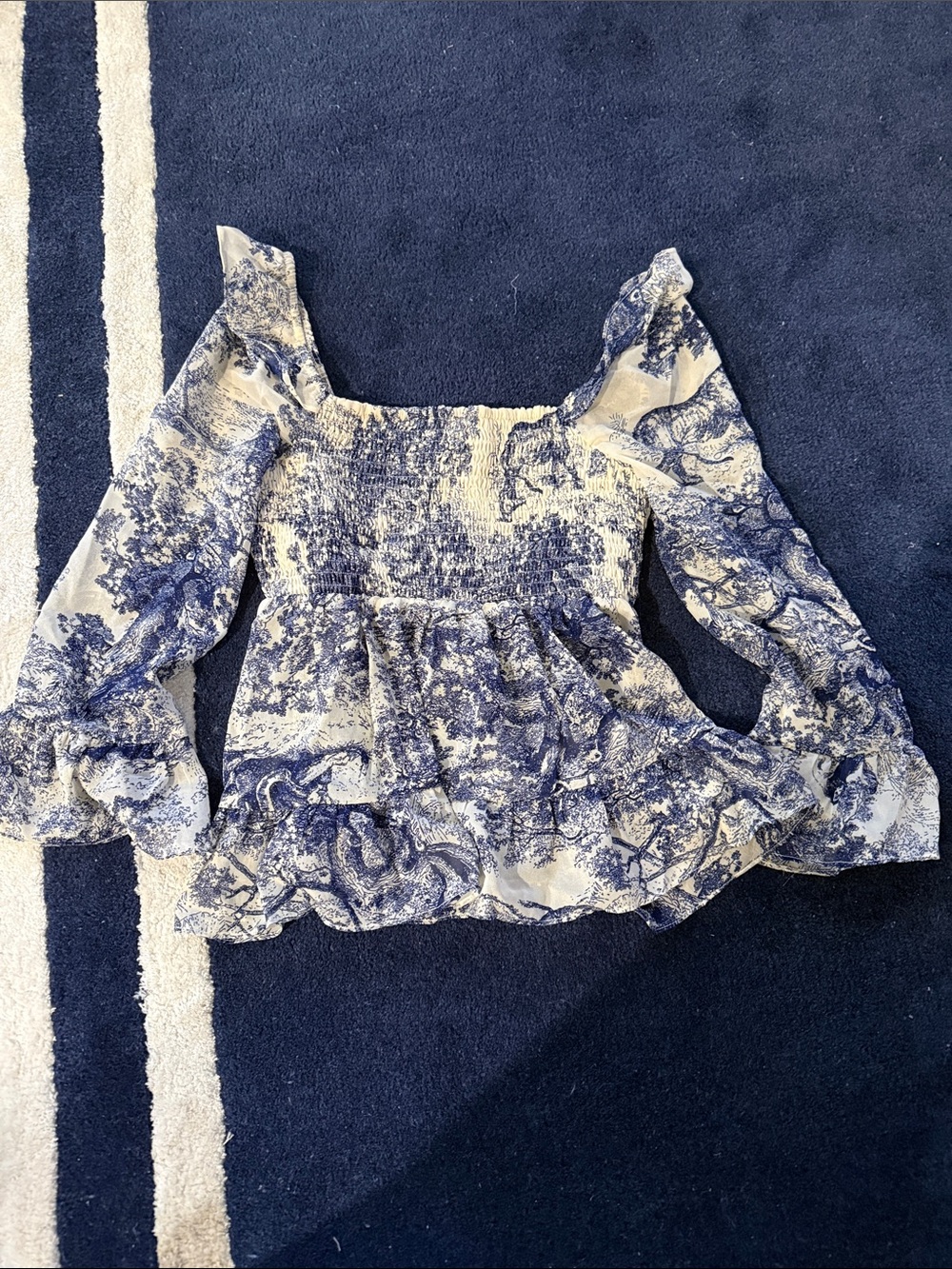 Moodie Smocked Square-Neck Blue & White Floral Peasant Top